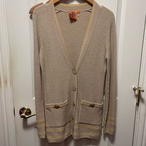 Tory Burch long cardigan sweater. Cream with yellow buttons XS